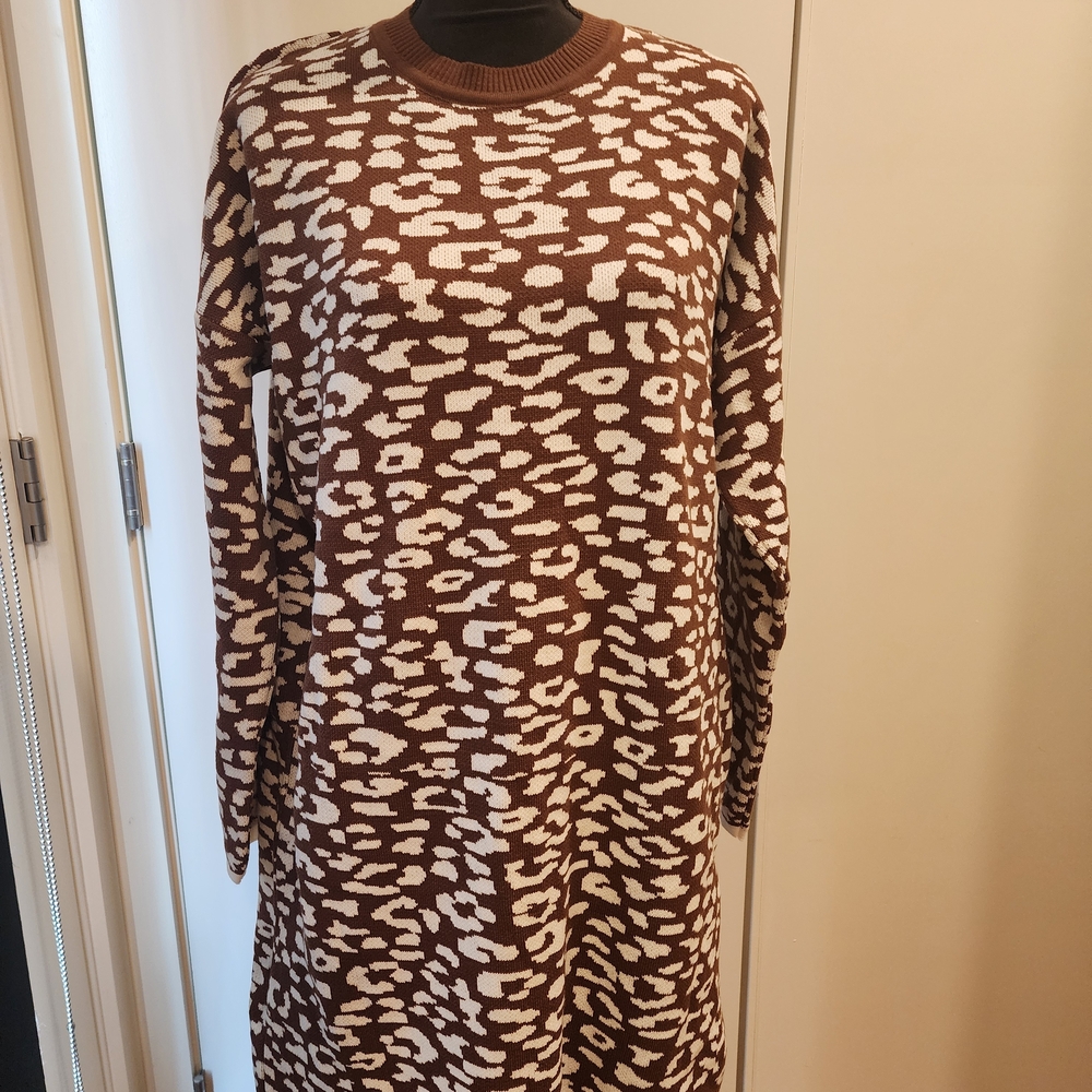 Brown and White Leopard Print Sweater Dress